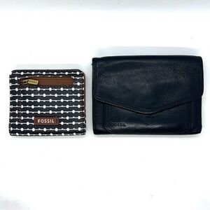 Fossil Leather Clutch Wallet + Fossil Card Case Coin Wallet Black Bundle